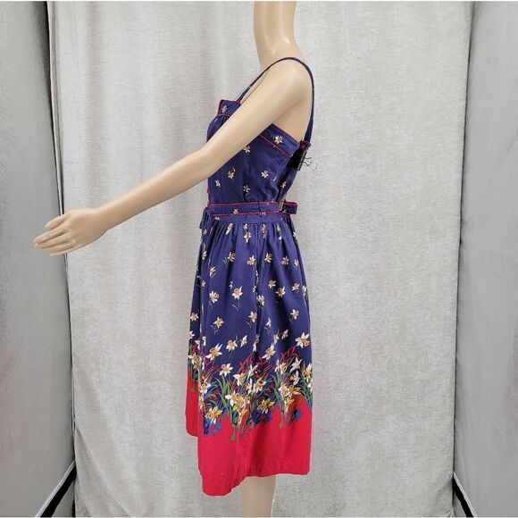 Vintage Sundress Belted Floral Blue Red Pin-Up Rockabilly Cotton 70s - Picture 3 of 14